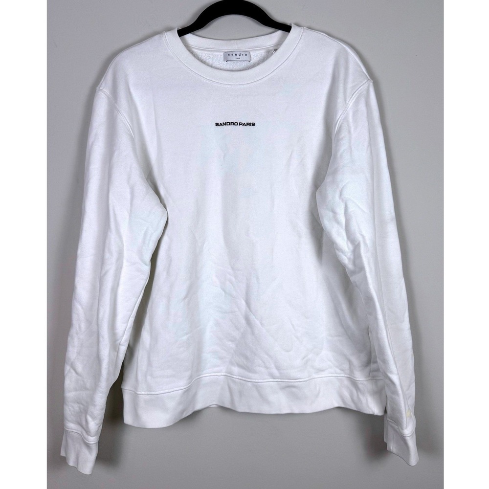 Sandro Paris White‎ Embroidered Logo Pullover Sweatshirt Mens XL Parisian Chic